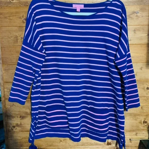 LILLY PULITZER Elba Oversized Poncho Pullover Sweater Blue/Pink Stripe Tasseled - Picture 3 of 6